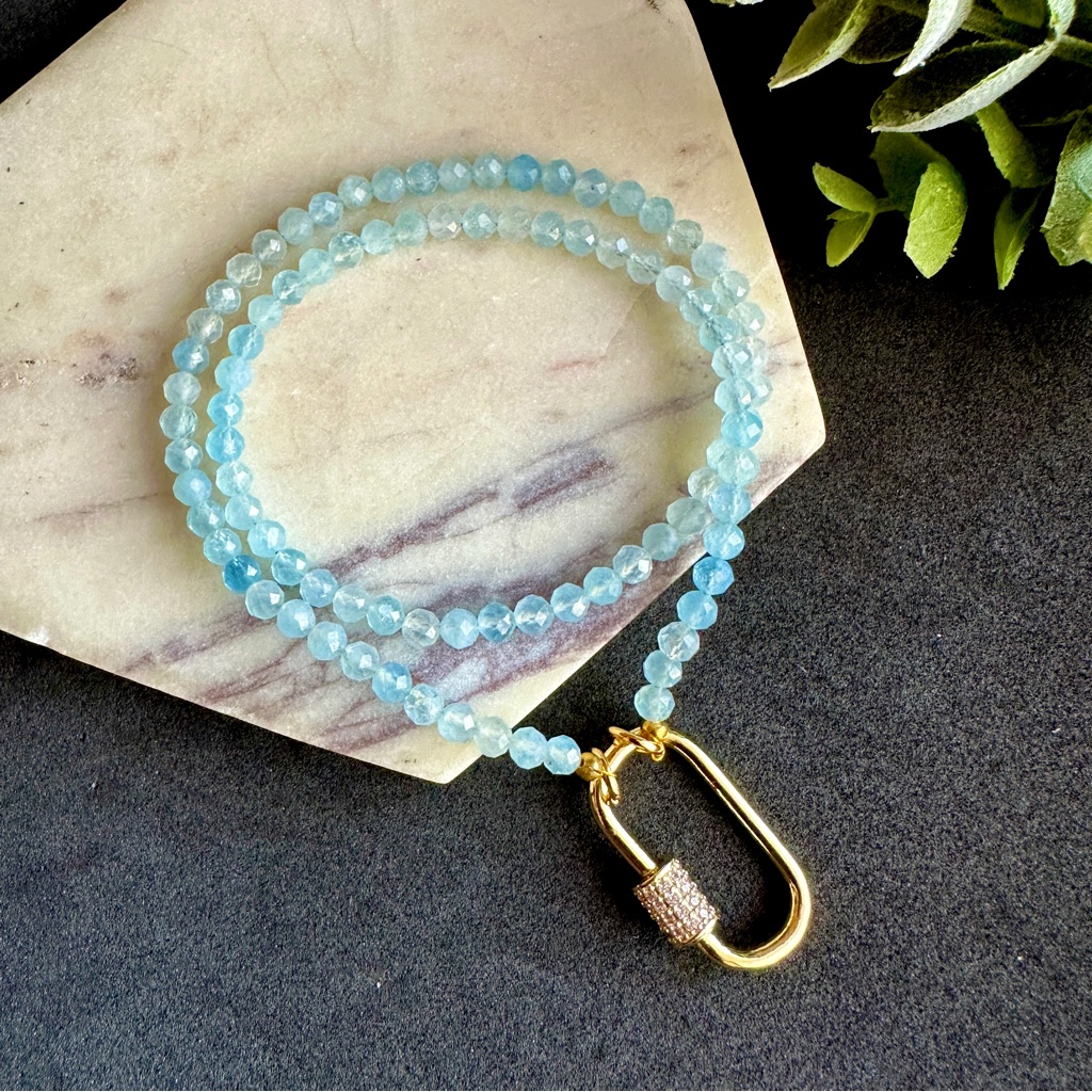Aquamarine Bead Necklace With Carabiner Front Clasp 65$